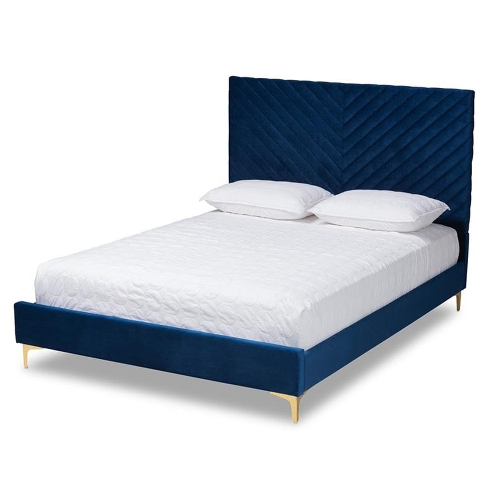 Baxton Studio Fabrico Contemporary Glam And Luxe Navy Blue Velvet Fabric Upholstered And Gold Metal Queen Size Platform Bed