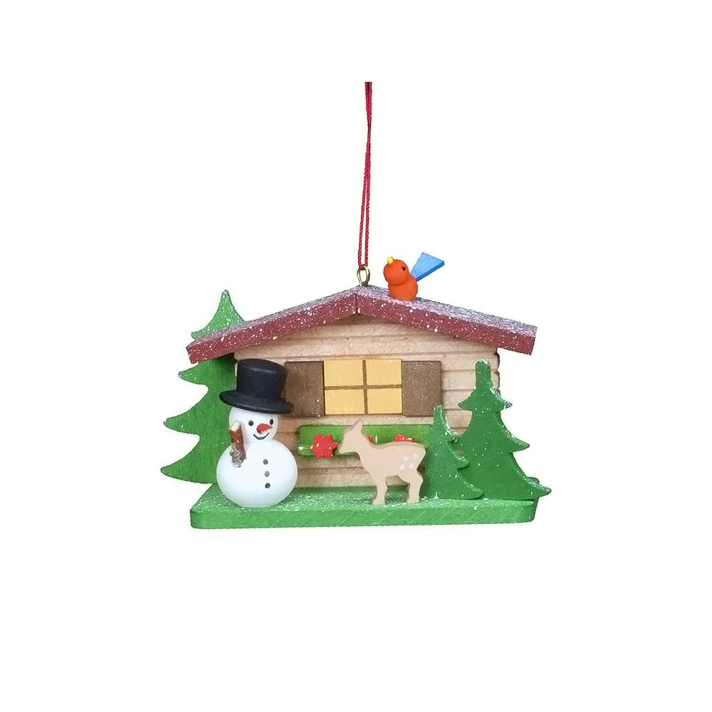 Christian Ulbricht 10-0832 Ornament-Cottage With Snowman-2'' H X 3.25'' W X 1'' D, Green