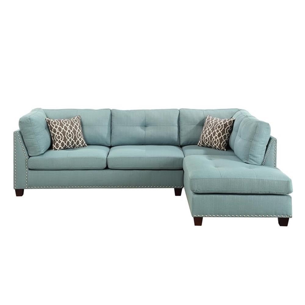 Acme Laurissa Sectional Sofa & Ottoman in Light Teal Linen Green Finish