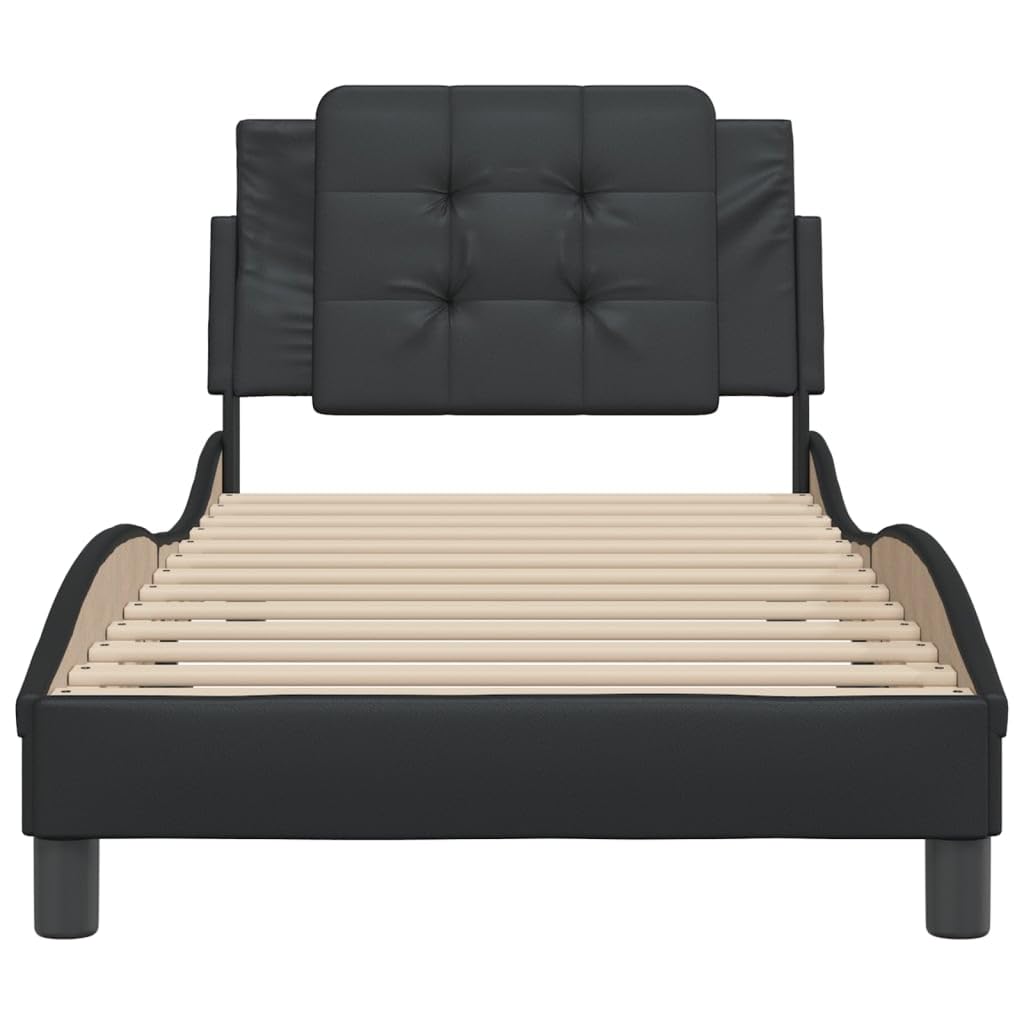 vidaXL Twin Bed Frame with Headboard - Black Faux Leather, Foam-Filled Cushion, Plywood Slats, Modern Waved Design, 81.9 x 41.3 x 29.3 Inches