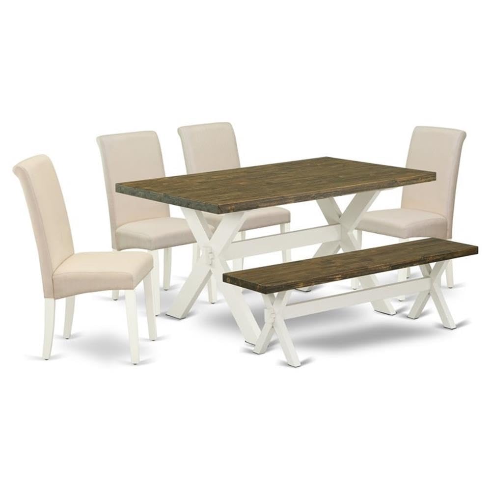 East West Furniture X076Ba201-6 6 Piece Modern Dining Table Set Contains A Rectangle Wooden Table With X-Legs And 4 Cream Linen Fabric Parson Chairs With A Bench, 36X60 Inch, Multi-Color