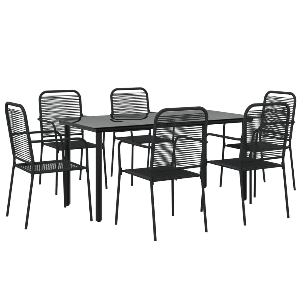 vidaXL Modern 7-Piece Patio Dining Set with Tempered Glass Tabletop and Stackable Chairs, Black Cotton Rope and Powder-Coated Steel Frame