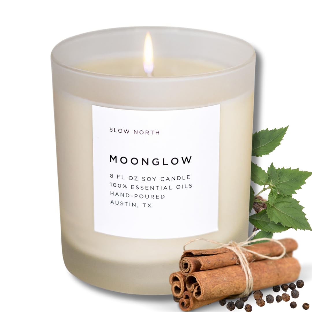 Slow North Moonglow Candle - Essential Oils and Pure Soy Wax Candle in a Reusable Frosted Glass Jar - A Unique and Mindful Scent