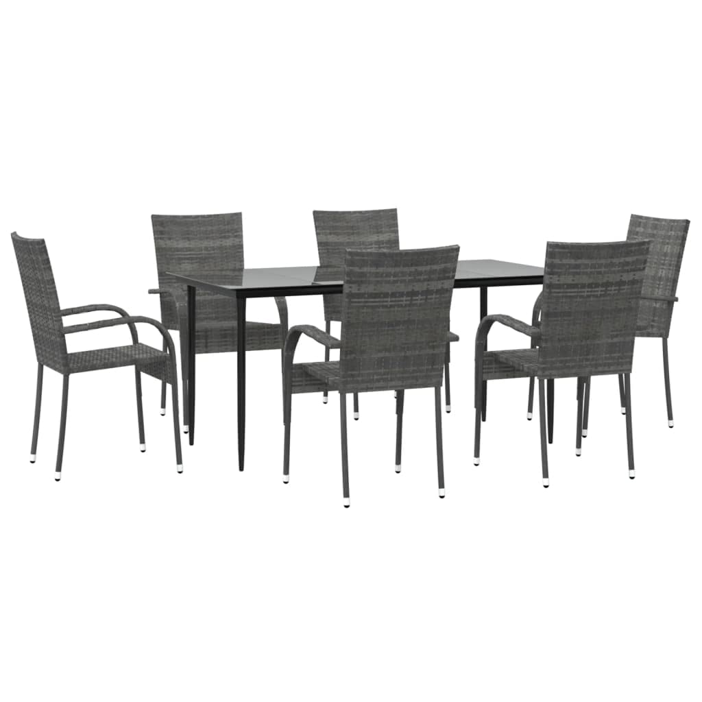 vidaXL Modern Patio Dining Set - 7-Piece Outdoor Furniture Set - Weather-Resistant Poly Rattan Construction - Gray Chairs with Tempered Glass Table
