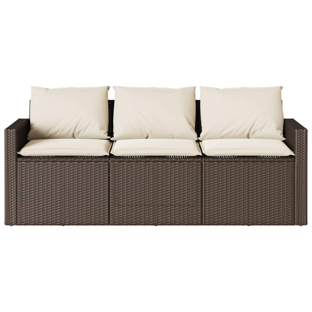 vidaXL Patio Sofa with Cushions - 3-Seater Brown Poly Rattan Outdoor Garden Furniture - 69.7" W x 27.6" D x 26.8" H - Removable and Washable Covers