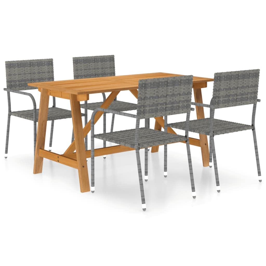 vidaXL Patio Dining Set 5 Piece - Solid Acacia Wood Table and 4 Gray PE Rattan Chairs – Outdoor Furniture Set Designed for Garden, Porch, Balcony