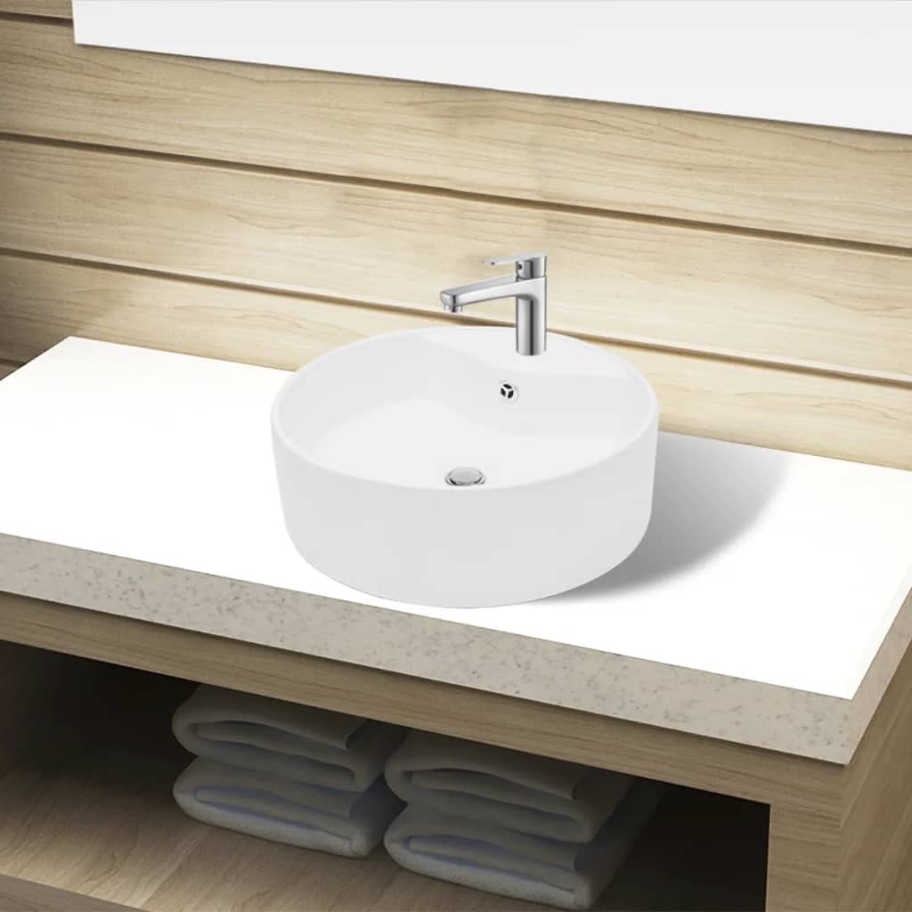 vidaXL Ceramic Bathroom Sink Basin FaucetOverflow Hole White Round