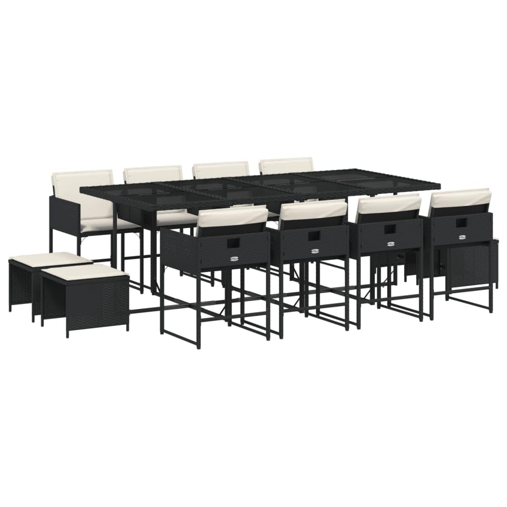 vidaXL 13 Piece Patio Dining Set with Cushions - Black PE Rattan Furniture, Tempered Glass Table for Garden, Backyard, Deck, Rectangular