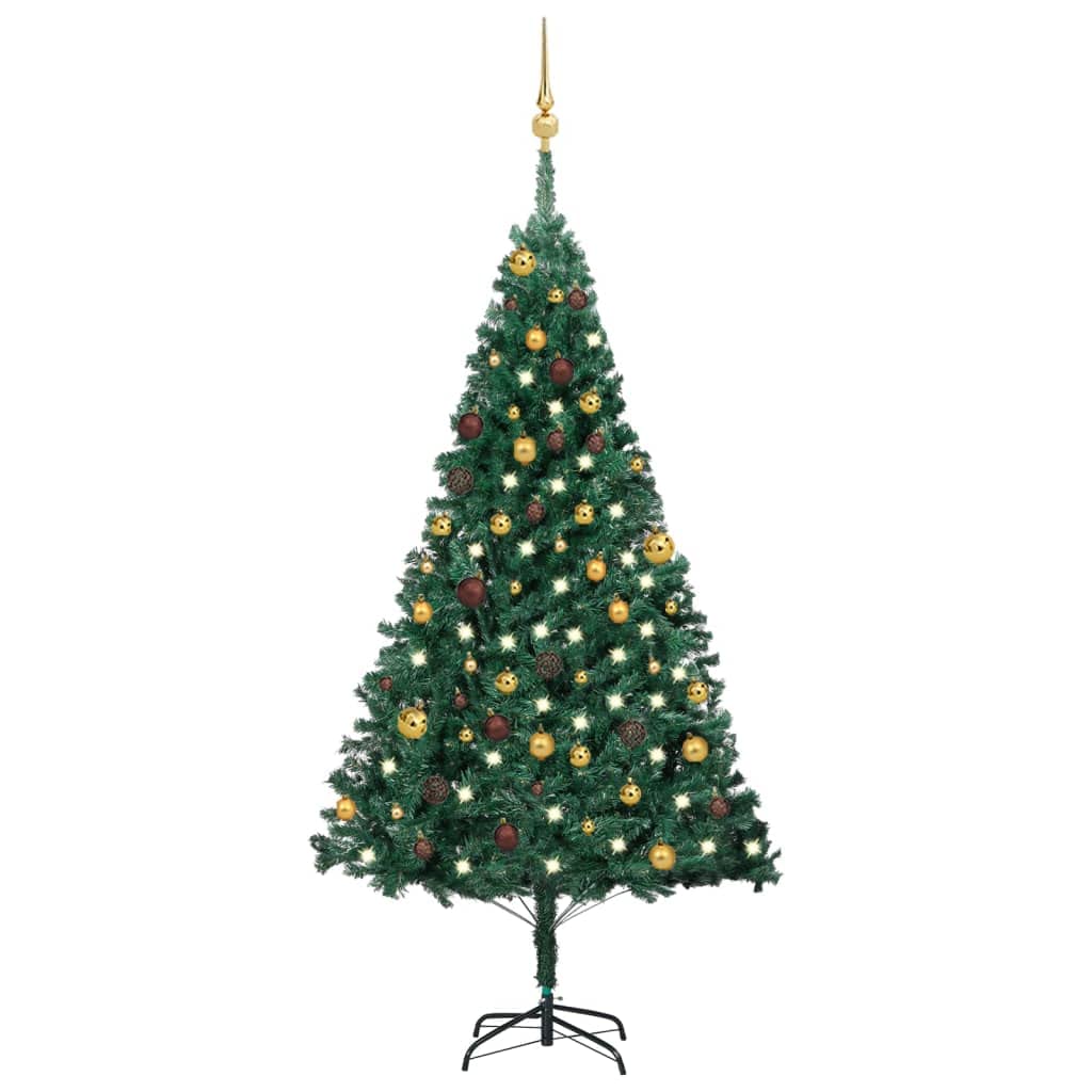 Vidaxl Artificial Christmas Tree With Leds & Ball Set |Realistic Pvc Material, Energy-Efficient Leds | Adjustable Branches | Includes Metal Stand & Decorations | Green And Gold