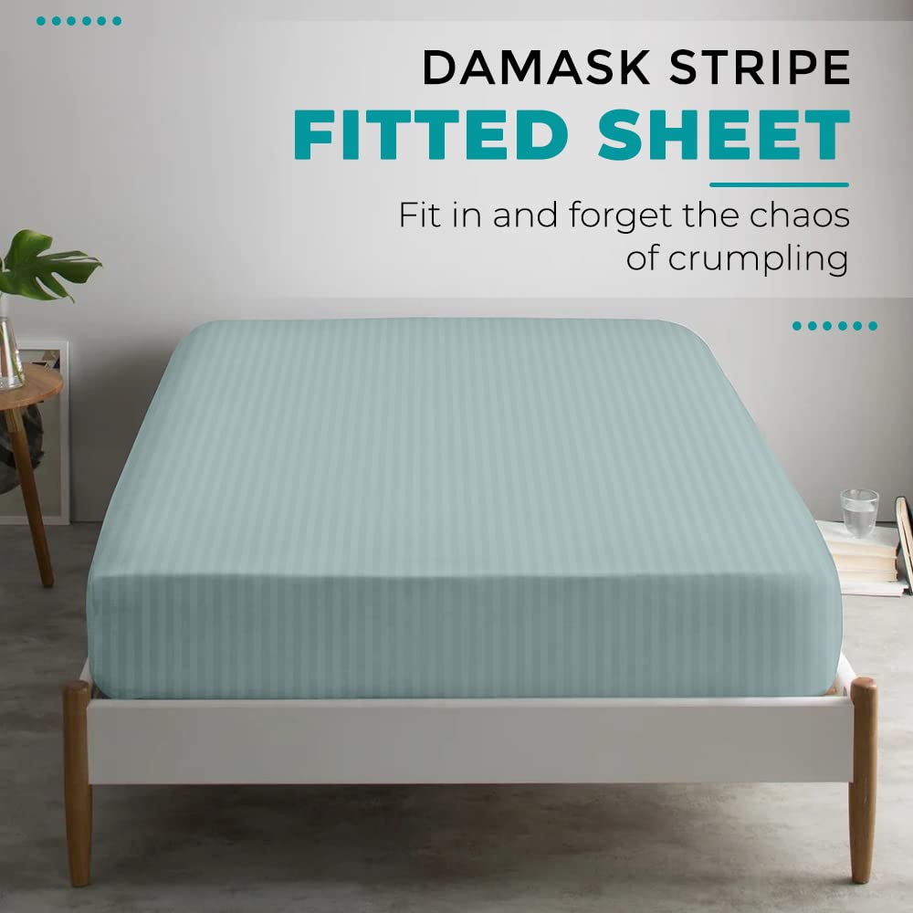 Feather & Stitch 100% Cotton 1 Piece Damask Stripe Full Fitted Sheet 500 Thread Count Granite Green 18' Extra Deep Pocket Sateen Weave Stretchable Boxer Elastic Fits Mattress Perfectly