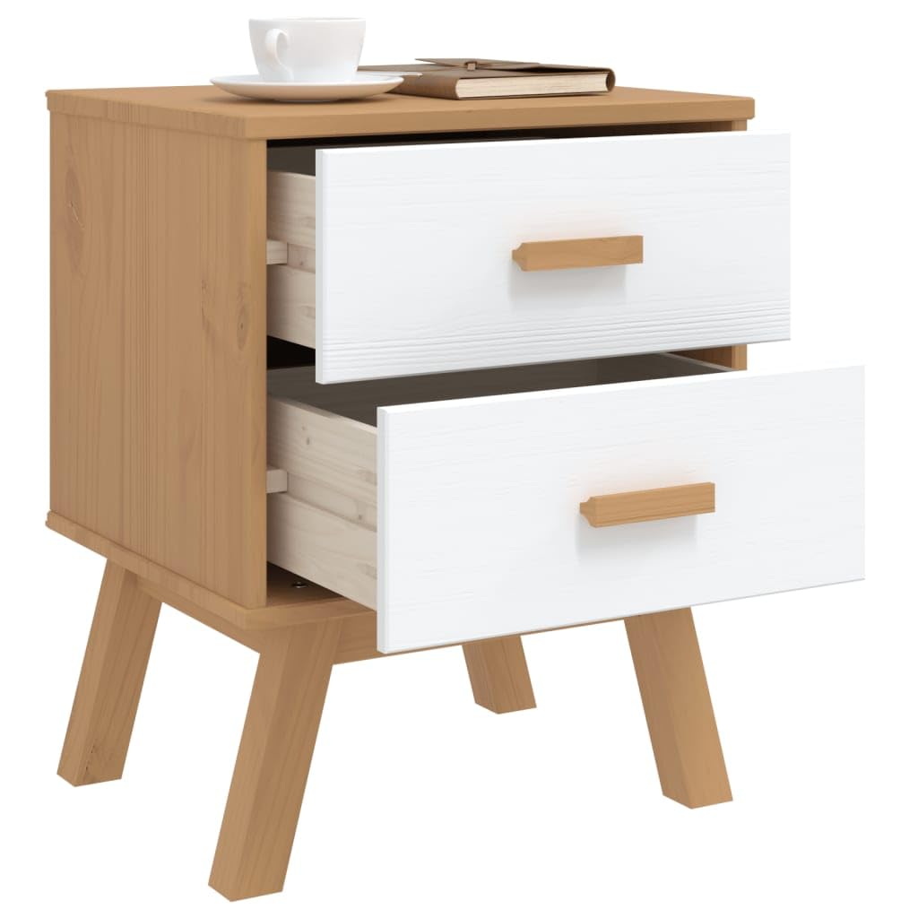 vidaXL Olden Bedside Cabinet - Solid Pine Wood Nightstand, White/Brown, with 2 Drawers, Scandinavian Style, 17.7&quot; x 15.4&quot; x 22.4&quot;