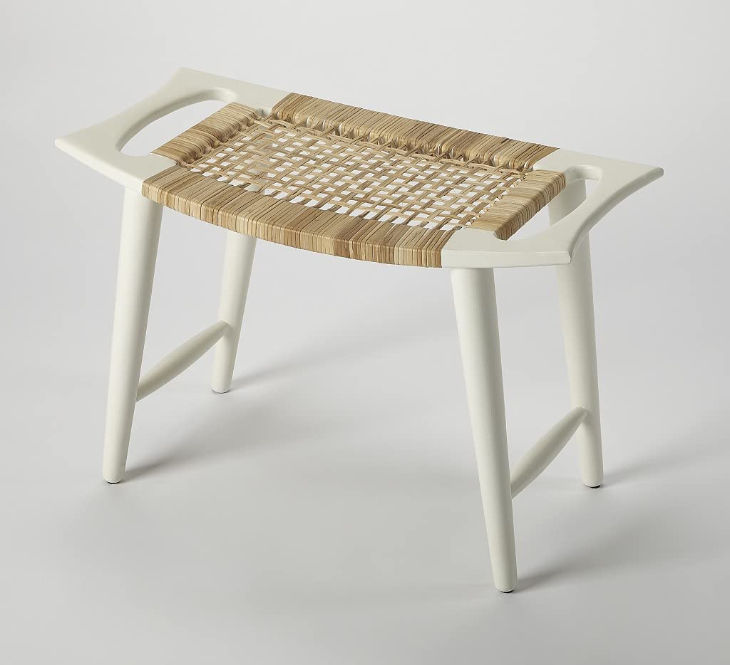 HomeRoots Mango Wood Solids, Woven Cane White and Natural Cane Woven Stool