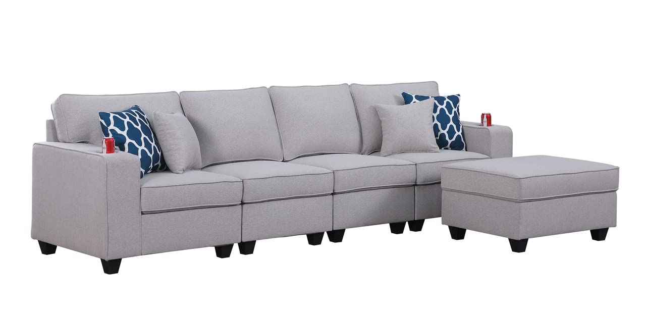 Lilola Home Cooper Light Gray Linen 4-Seater Sofa with Ottoman and Cupholder