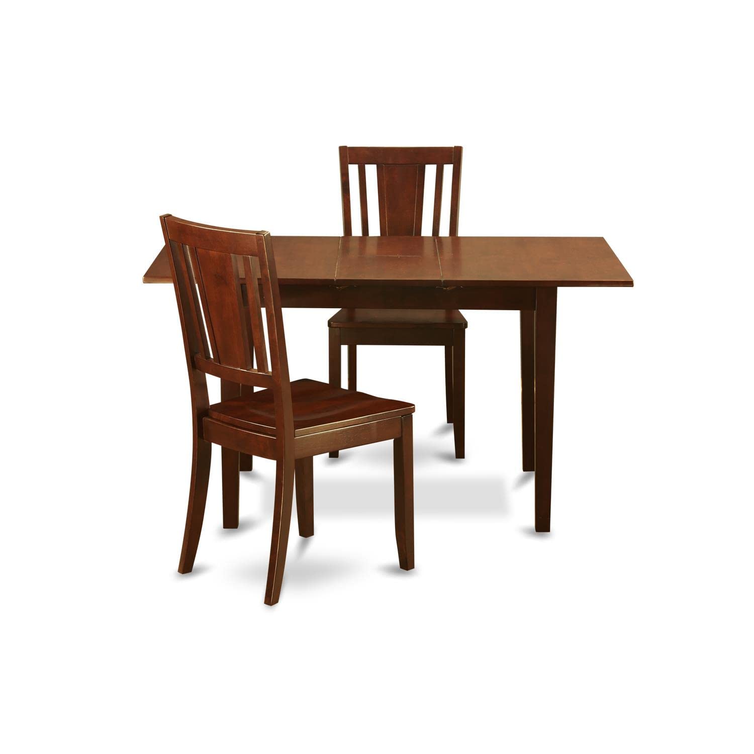 East West Furniture Norfolk 3 Piece Dinette Set for Small Spaces Contains a Rectangle Table with Butterfly Leaf and 2 Dining Room Chairs, 32x54 Inch, Mahogany