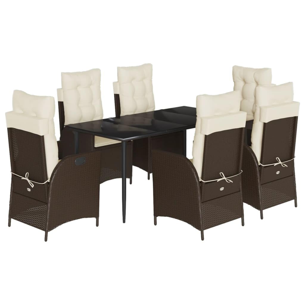 vidaXL 7 Piece Patio Dining Set – Outdoor Furniture with Adjustable Reclining Cushioned Chairs and Glass Table, Brown PE Rattan