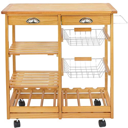 HomGarden Wood Rolling Kitchen Island Storage Cart Dining Trolley Microwave Cart w/Drawer Shelves Basket Stand Counter Top Table