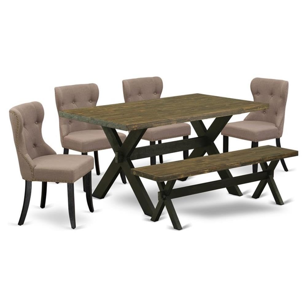 East West Furniture X676Si648-6 6 Piece Dinette Set Contains A Rectangle Dining Room Table With X-Legs And 4 Coffee Linen Fabric Parson Chairs With A Bench, 36X60 Inch, Multi-Color