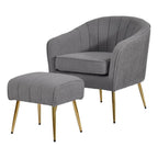 Best Quality Furniture Modern Accent Chair with Ottoman Set, Gray Teddy Fabric Upholstery, Gold Chrome Legs, Channel Tufted Backrest