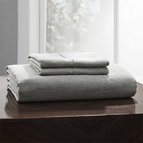 Simple&Opulence 100% Belgian Linen Sheet Set Handmade Hemstitch Light Grey Twin Size Bed Sheet-3 Pieces(1 Flat Sheet+1 Fitted Sh