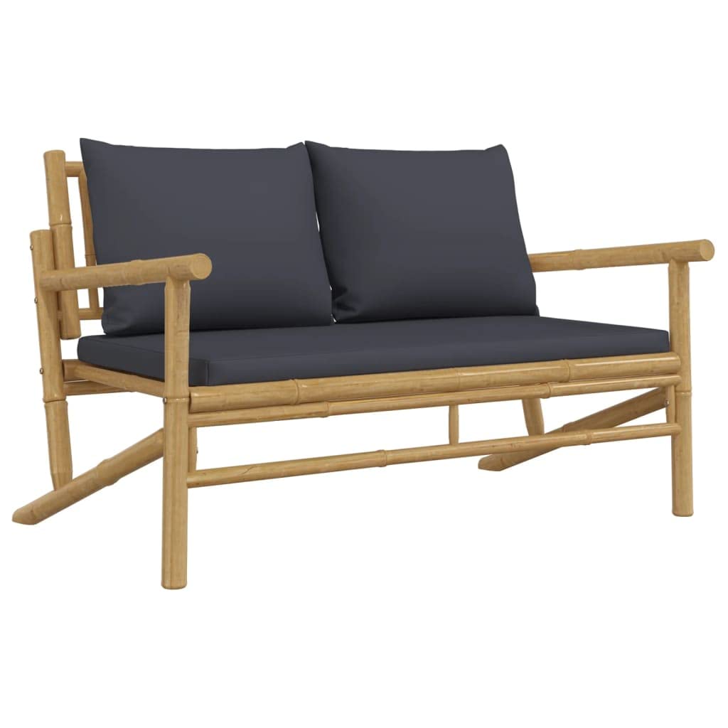 vidaXL Bamboo Patio Bench with Comfortable Dark Gray Cushions and Armrests - Durable Outdoor Garden Seat with Backrest - Lightweight, Easy to Move
