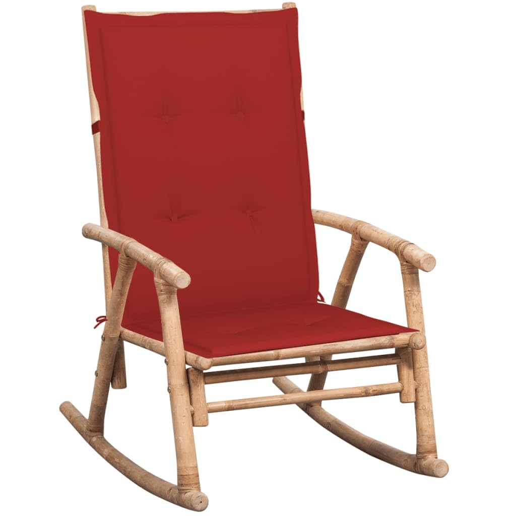 vidaXL Solid Bamboo Rocking Chair with Weather Resistant and Comfortable Red Cushion – Ideal for Indoor and Outdoor Use