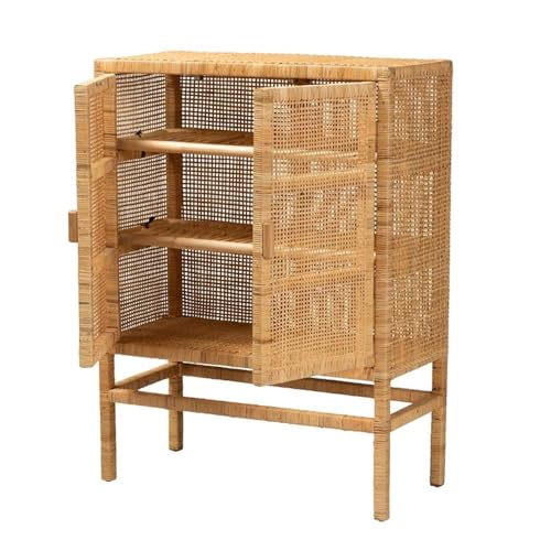 Baxton Studio Vivan Modern Bohemian Natural Brown Rattan And Mahogany Wood 3-Shelf Storage Cabinet