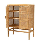 Baxton Studio Vivan Modern Bohemian Natural Brown Rattan And Mahogany Wood 3-Shelf Storage Cabinet