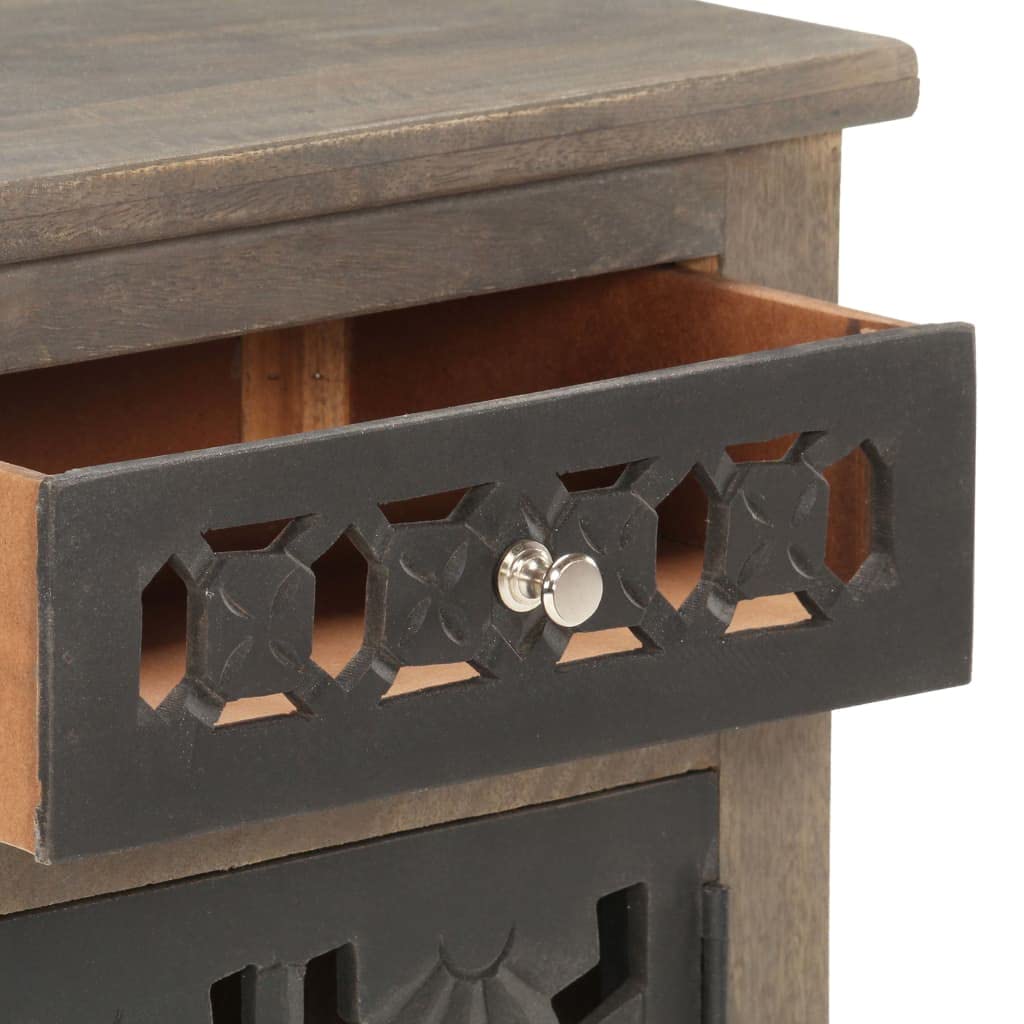 vidaXL Solid Mango Wood Bedside Cabinet - Brown, Classic Style, Carved Flower Design, Nightstand/Side Table with Drawer and Cupboard