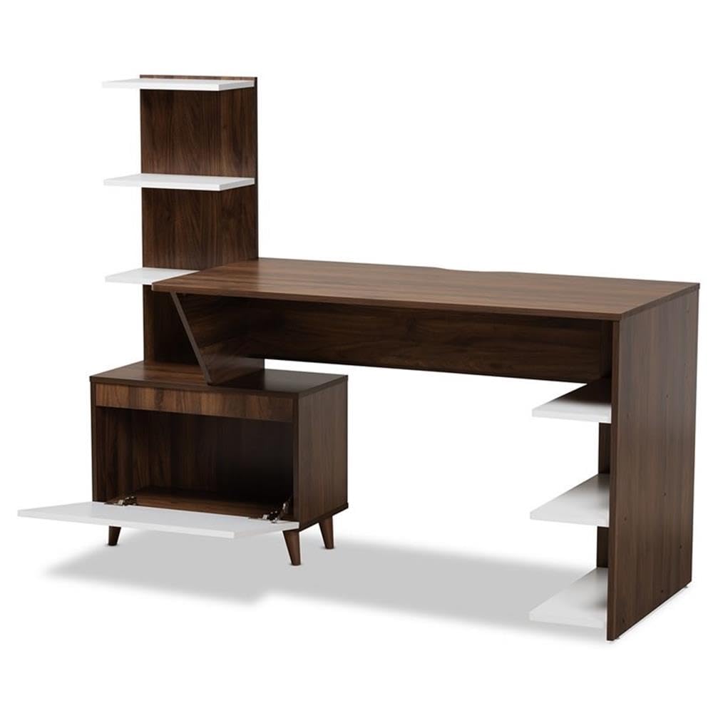 Baxton Studio Tobias Mid-Century Modern Two-Tone White and Walnut Brown Finished Wood Storage Computer Desk with Shelves