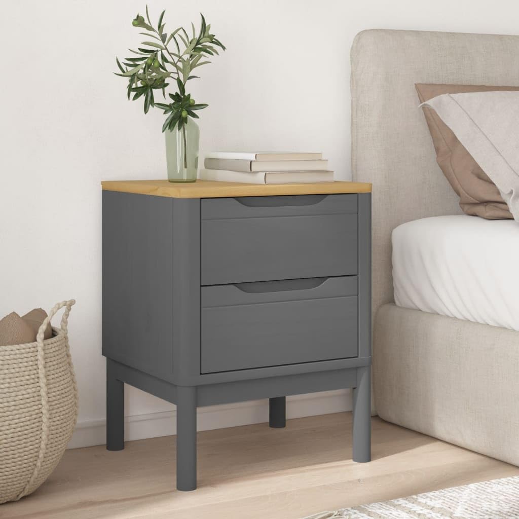 vidaXL Bedside Cabinet Floro Gray - Pine Wood Nightstand - 2 Drawers, 17.7"x15.4"x22.4" End Table, Rectangular Bedside Night Table, Bedroom Decor, Rustic Look