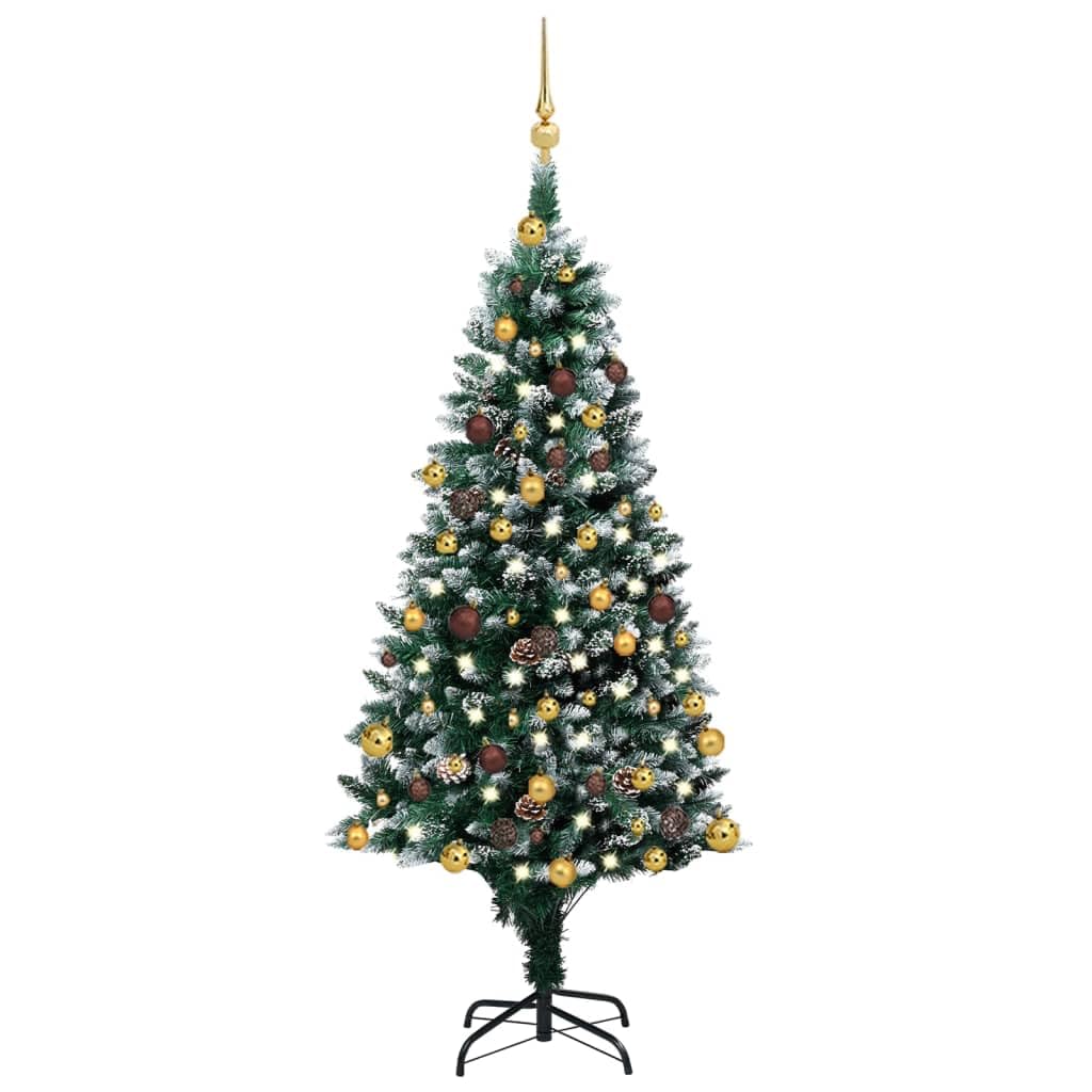 Vidaxl Artificial 59.1&quot; Pre-Decorated Christmas Tree With Led Lights, Gold And Bronze Balls, Pinecones, Snow On Tips, Sturdy Metal Base - Green And White