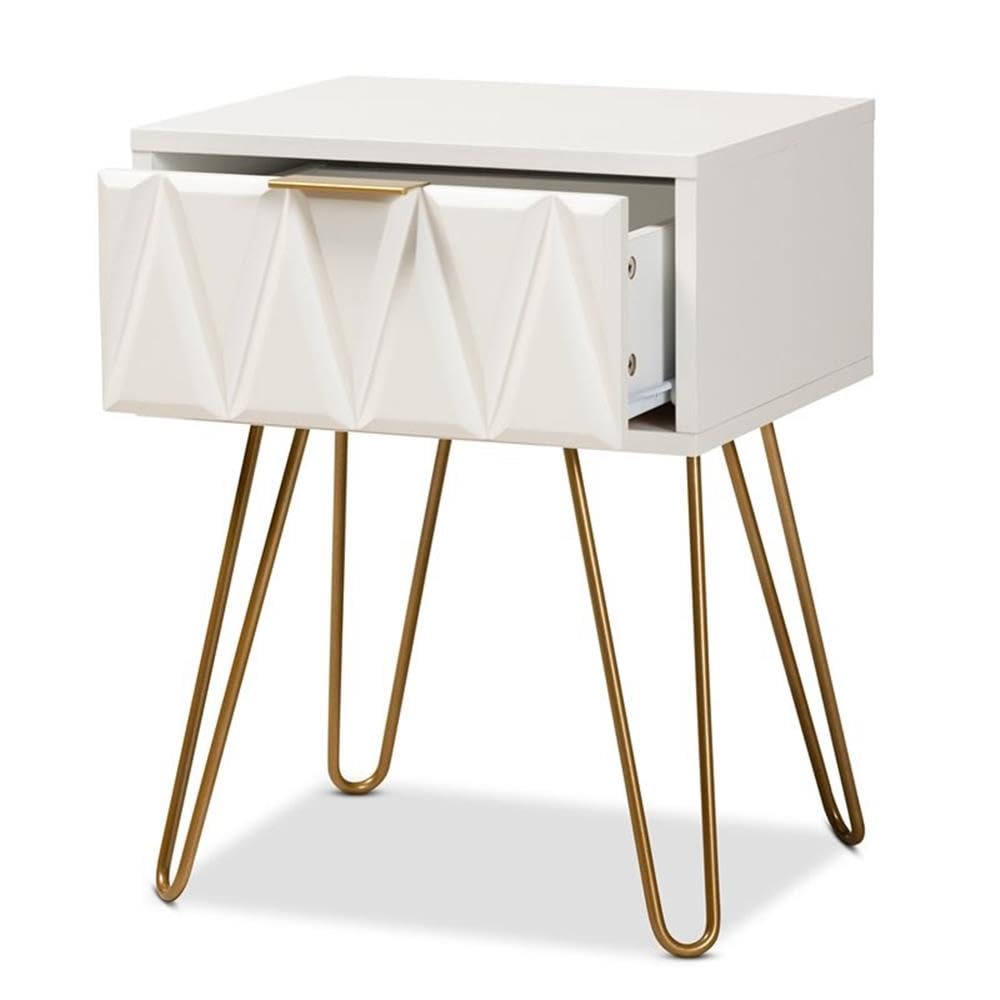 Baxton Studio Holbrook Contemporary Glam and Luxe White Finished Wood and Gold Metal 1-Drawer End Table