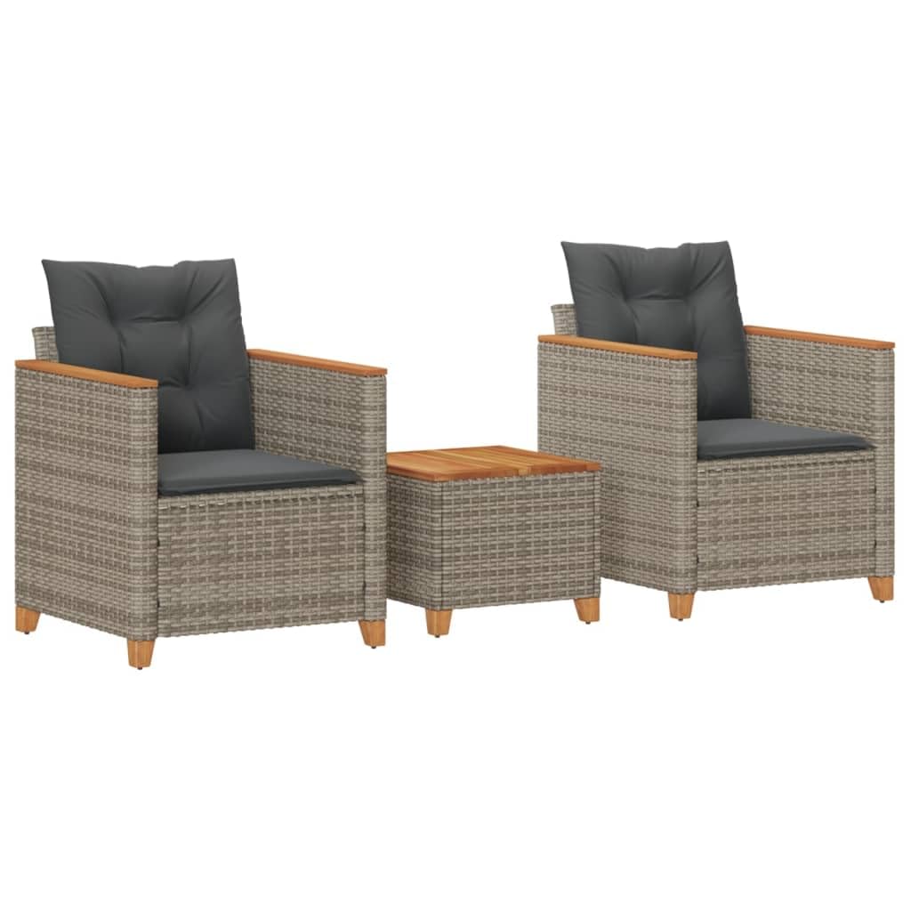 vidaXL 3-piece Bistro set with cushions poly rattan and acacia wood grey