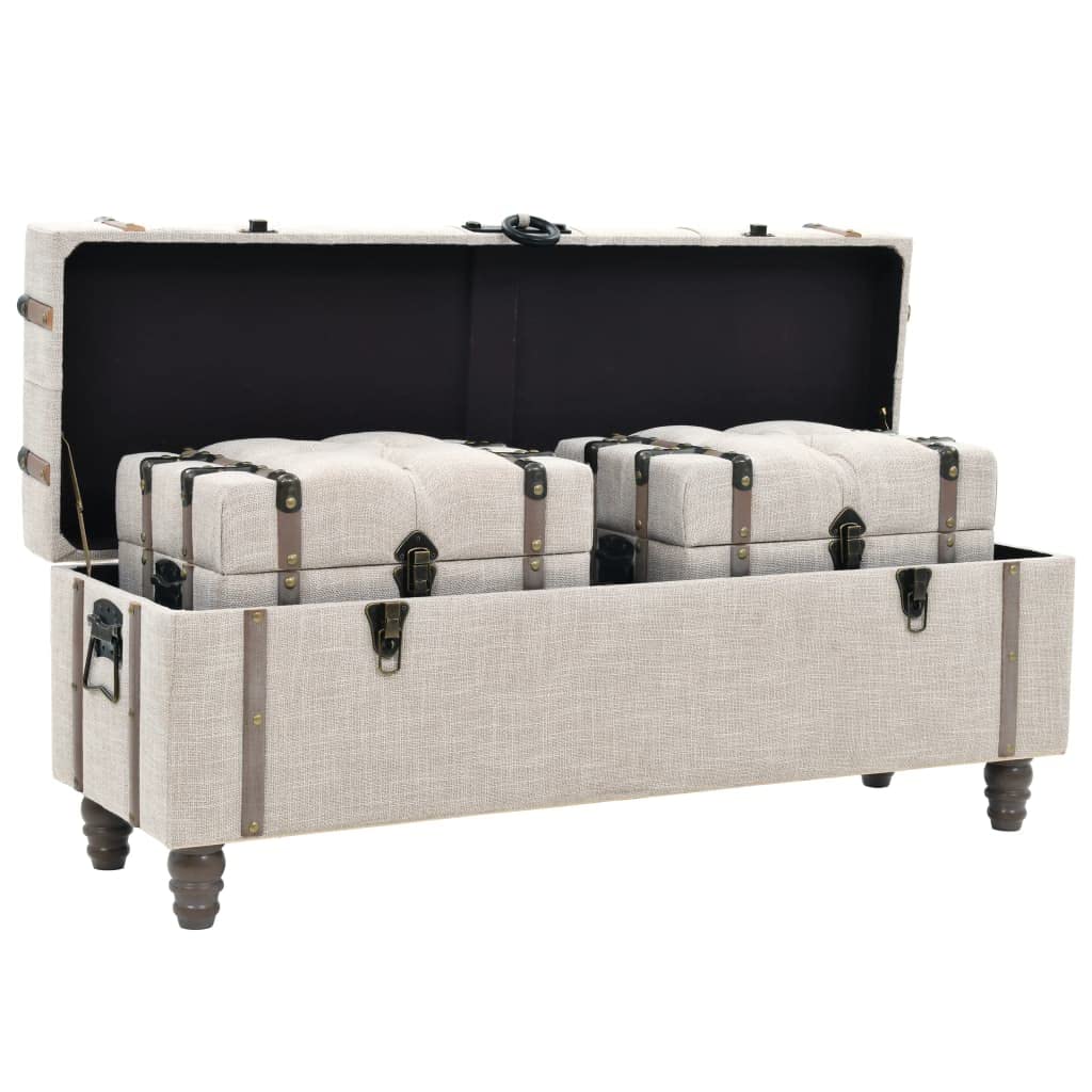 Vidaxl Trio Storage Benches, Solid Wood Construction, Cream-Tone Fabric Upholstery, Travelling Trunk Inspired Design, Decorative Metallic Accents, Vintage Style