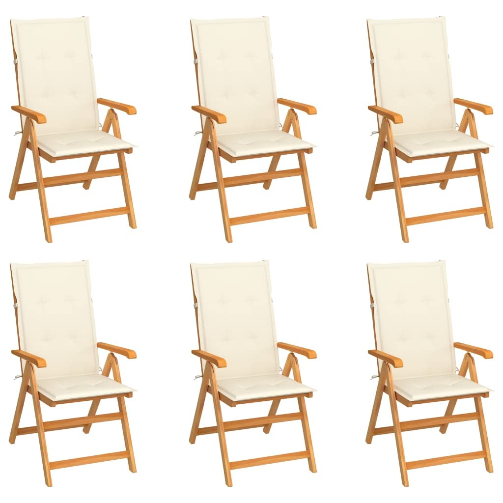vidaXL 6X Solid Teak Wood Patio Chairs with Cream Cushions Wooden Garden Outdoor Reclining Foldable Seating Dining Balcony Backyard Relaxing