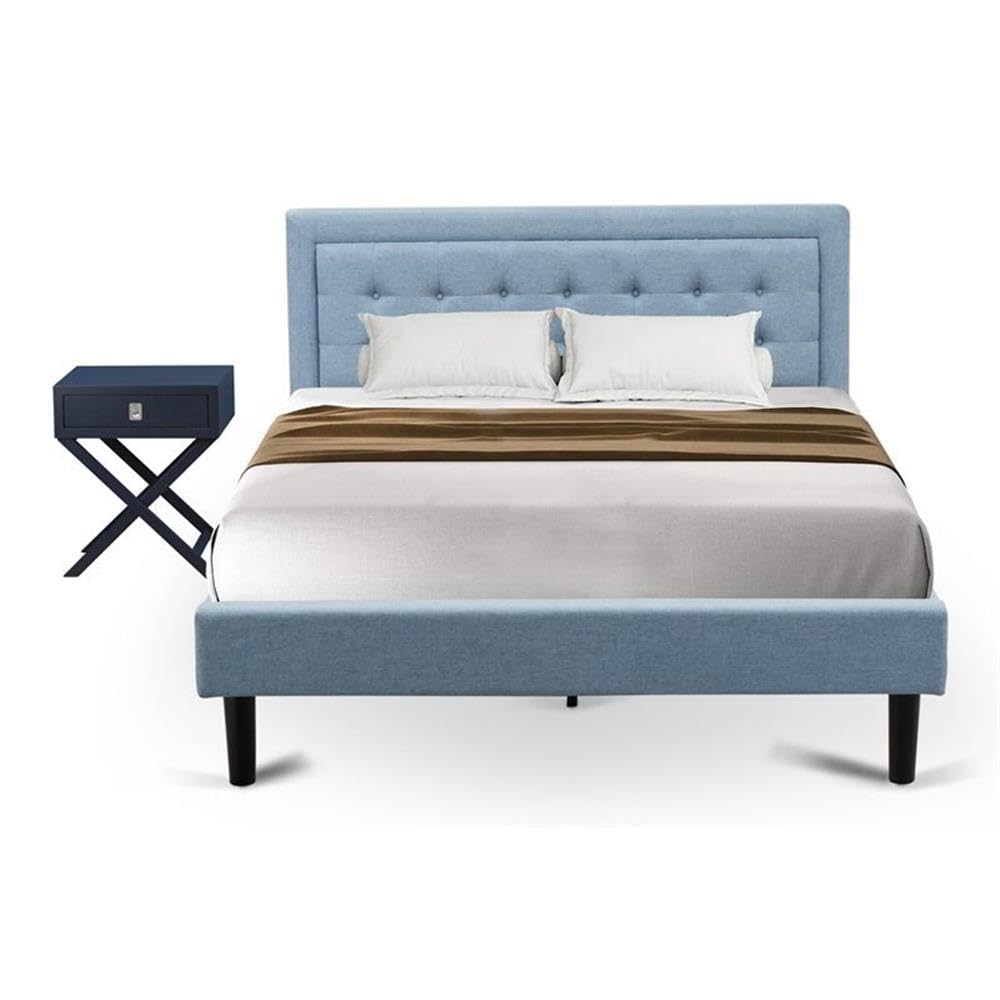 East West Furniture FN11Q-1HA15 2-Piece Platform Queen Bed Set Furniture with 1 Platform Bed and an End Table for Bedroom - Reliable and Durable Construction - Denim Blue Linen Fabric
