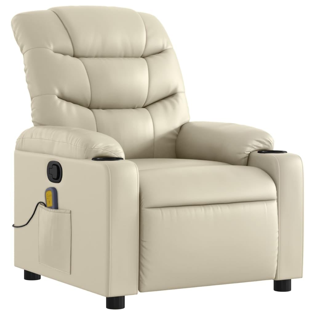vidaXL Cream Faux Leather Manual Massage Recliner Chair - Armchair with Cup Holders for Living Room, Bedroom, Office