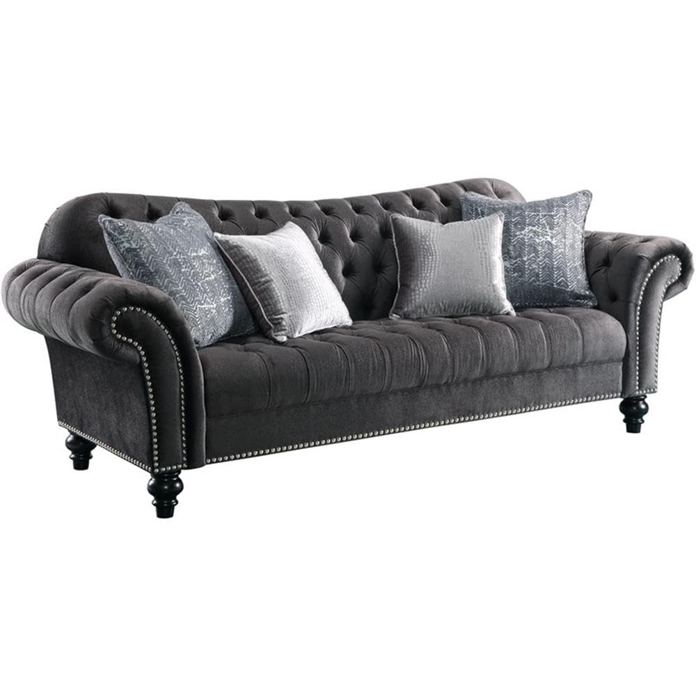 Acme Gaura Velvet Tufted Sofa with Nail-Head Trim in Dark Gray