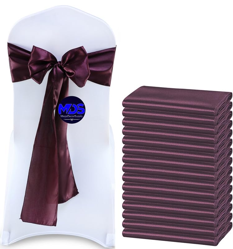 Mds Pack Of 125 Pcs Satin Chair Sashes Charmeuse Sateen Dining Chair Bows Ribbon Ties Back Sash For Wedding Party Birthday Home Hotel Restaurant Banquet Decoration (7 X 108 Inch, Plum)