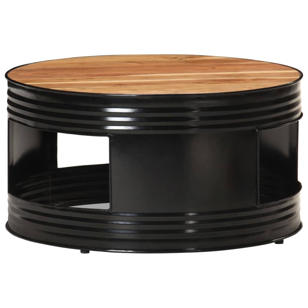 vidaXL Round Coffee Table with Iron Frame - Solid Acacia Wood Industrial Style Couch Table with Extra Storage, Black, Dimensions: 26.8&quot;x14.2&quot;
