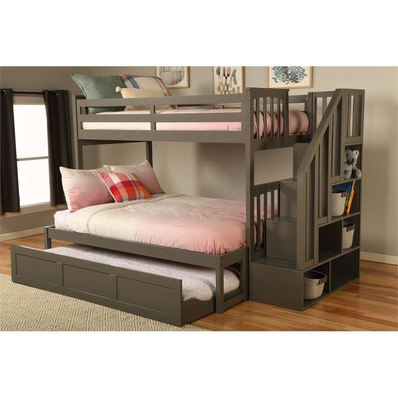 Kodiak Furniture Kelcie Twin/Full Wood Bunk Bed with Storage and Trundle in Dark Gray