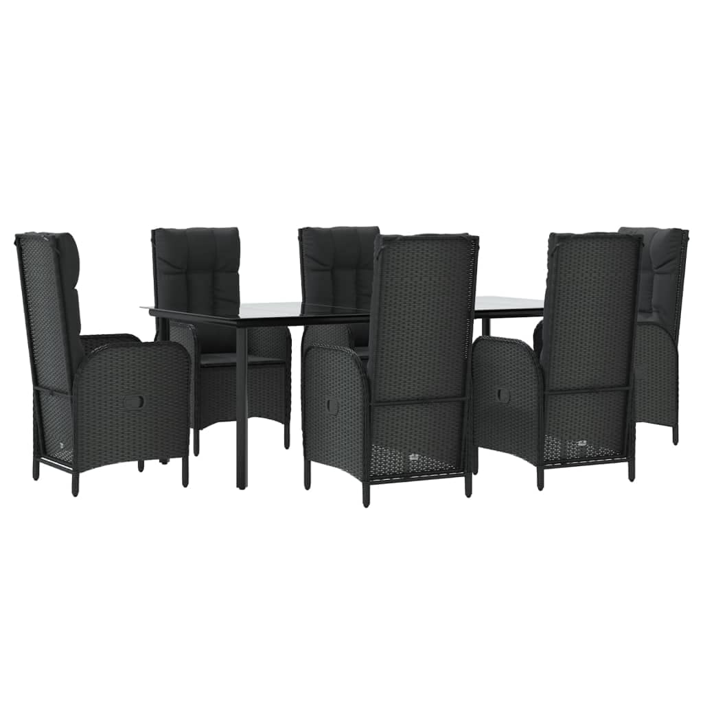 Vidaxl 7-Piece Garden Dining Set With Reclining Chairs, Poly Rattan Material, Tempered Glass Tabletop – Classy Black Design For Outdoor, Patio, Garden Settings