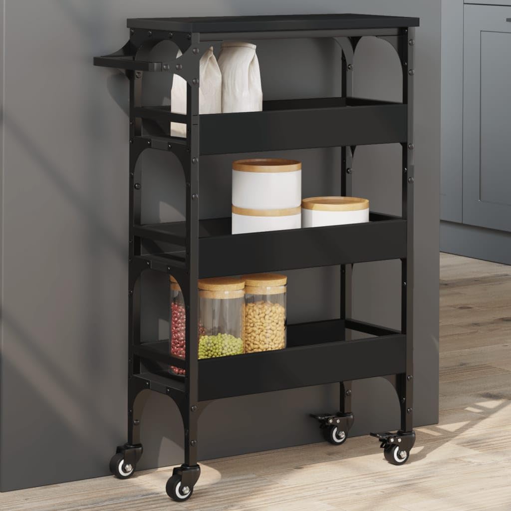vidaXL Black Kitchen Trolley - Engineered Wood Storage Cart with Wheels, Towel Rack, 20.9&quot;x7.9&quot;x29.9&quot;, Versatile Shelving for Any Room