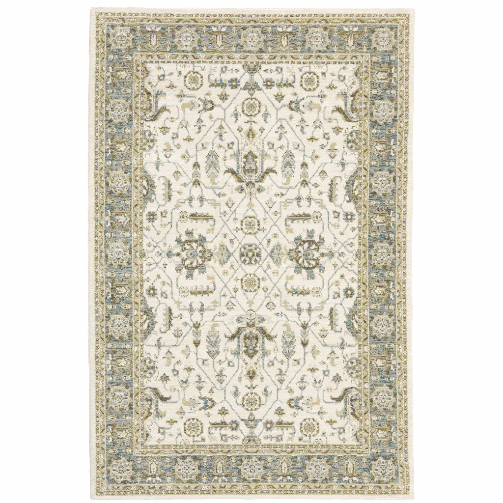 HomeRoots 510097 6 x 9 ft. Ivory Gray & Blue Oriental Power Loom Stain Resistant Rectangle Area Rug