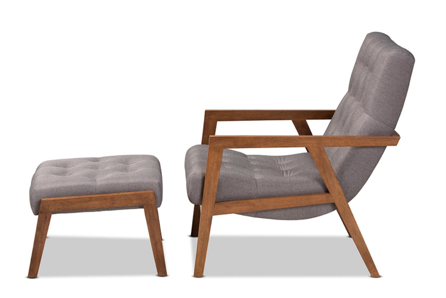 Baxton Studio Naeva Mid-Century Modern Grey Fabric Upholstered Walnut Finished Wood 2-Piece Armchair and Footstool Set
