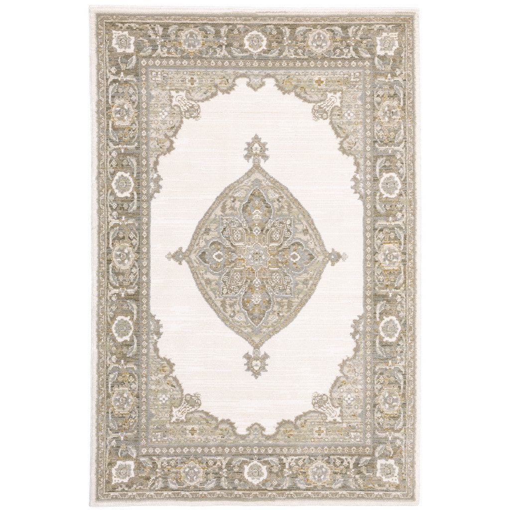 HomeRoots 510148 8 x 10 ft. Beige Ivory Tan Gold Gray & Green Oriental Power Loom Stain Resistant Rectangle Area Rug