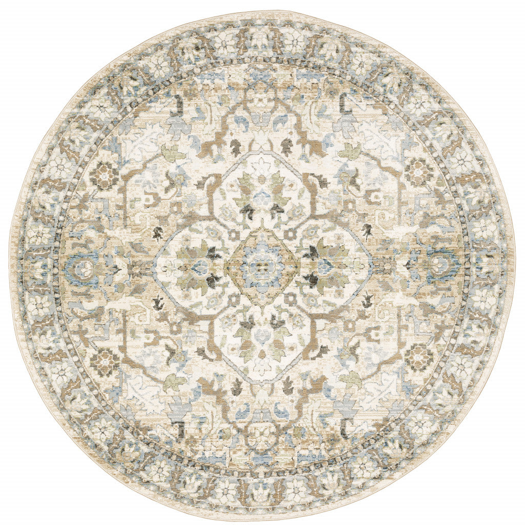 HomeRoots 510150 8 ft. Beige & Ivory Oriental Power Loom Stain Resistant Round Area Rug