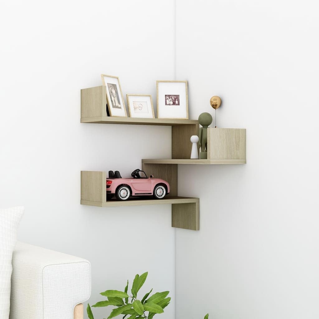 Vidaxl Wall Corner Shelf In Sonoma Oak Finish, Engineered Wood Construction, Living Room/Bedroom/Kitchen, Scandinavian Style, Easy Assembly.