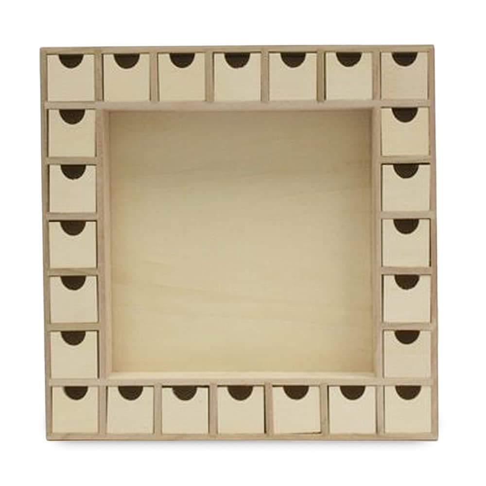 Shadow Box Wooden Advent Calendar 13 x 13 Inch, Pack of 1 Christmas Advent Calendar With 24 Empty Drawers for Crafts, by Woodpec