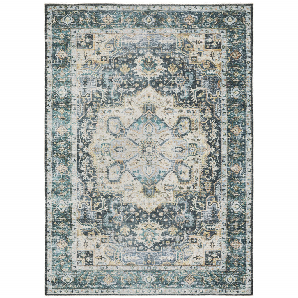 HomeRoots 510365 7 x 10 ft. Blue Ivory Teal Brown & Gold Oriental Printed Stain Resistant Non Skid Rectangle Area Rug